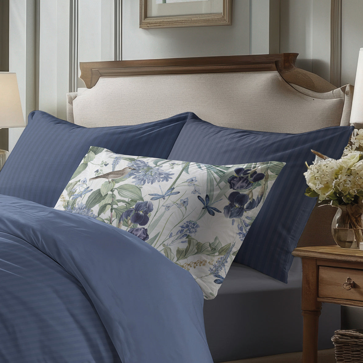 Duvet cover + pillowcase(s) cotton satin dobby stripe woven -  Blue