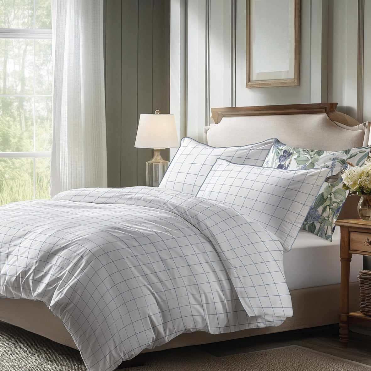 Pillowcase(s) cotton satin - Caroline White / Blue