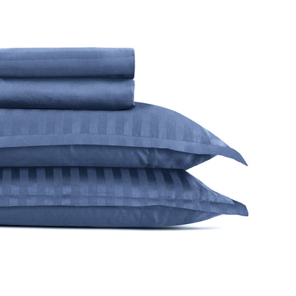 Sheet set cotton satin dobby stripe woven -  Blue