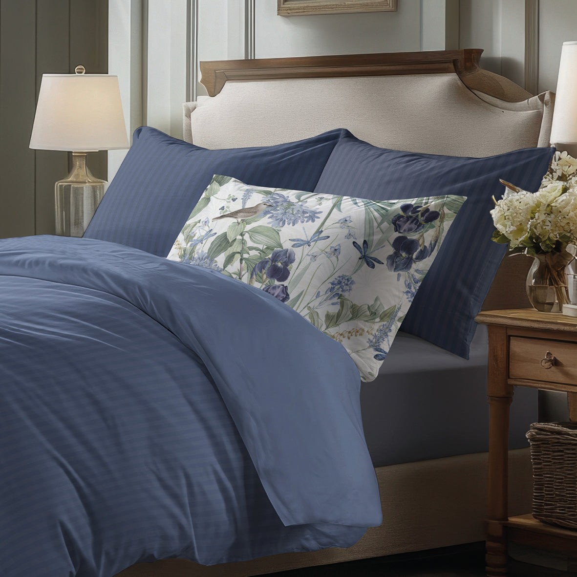 Sheet set cotton satin dobby stripe woven -  Blue