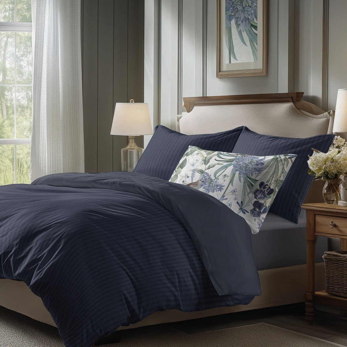 Duvet cover + pillowcase(s) cotton satin dobby stripe woven -  Dark blue