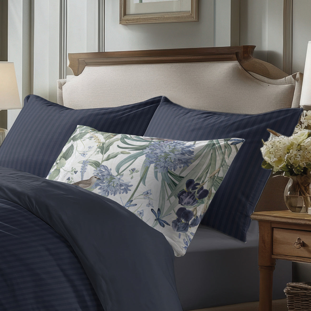 Duvet cover + pillowcase(s) cotton satin dobby stripe woven -  Dark blue