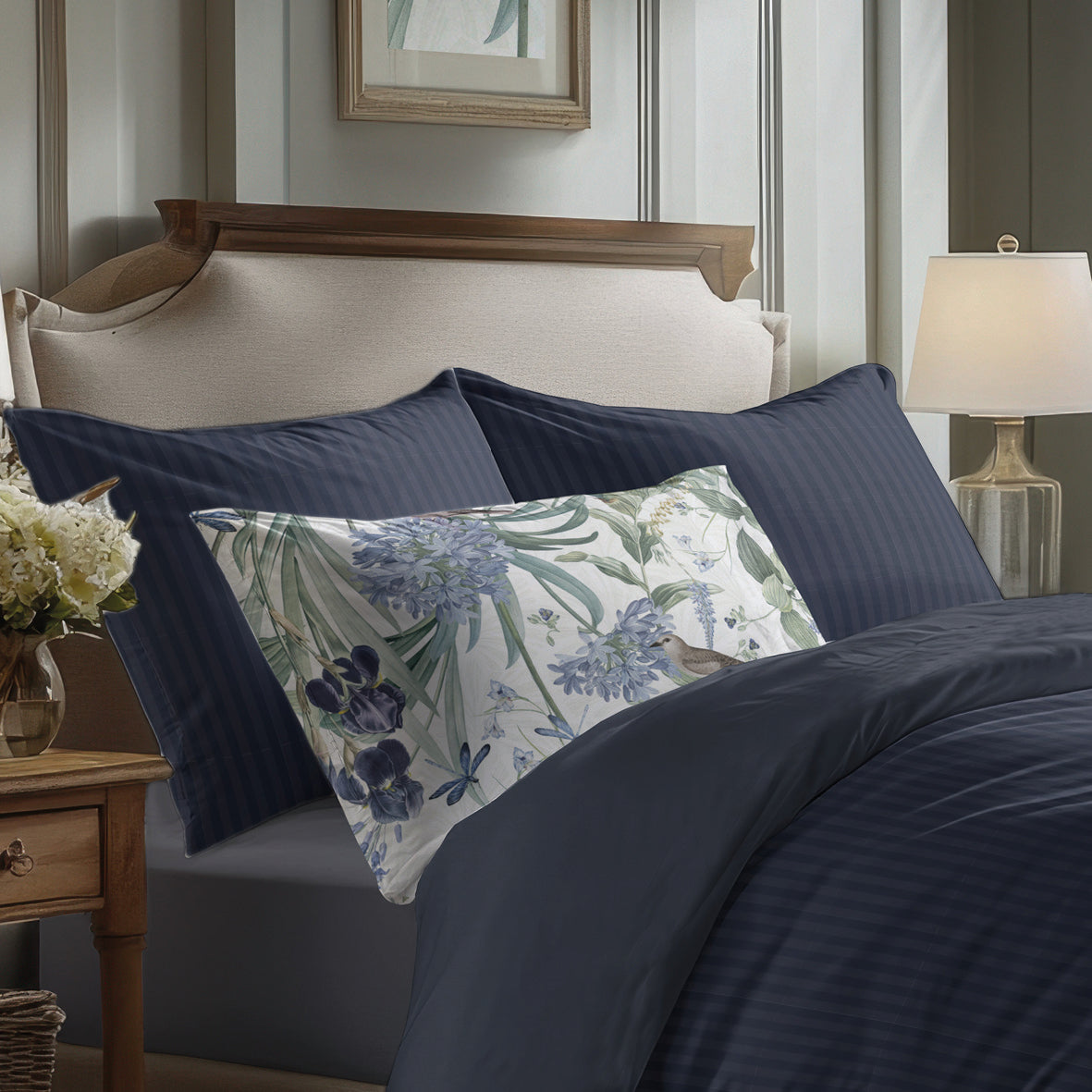 Pillowcase(s) cotton satin dobby stripe woven -  Dark blue