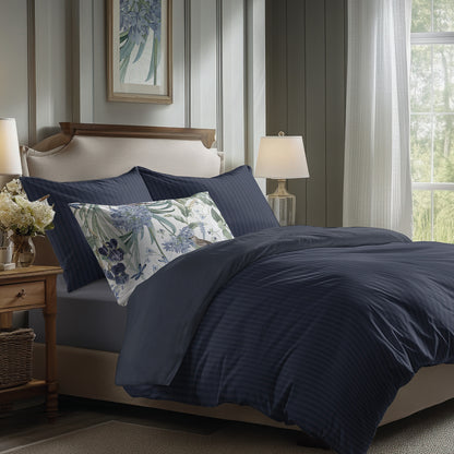 Flat sheet cotton satin dobby stripe woven -  Dark blue