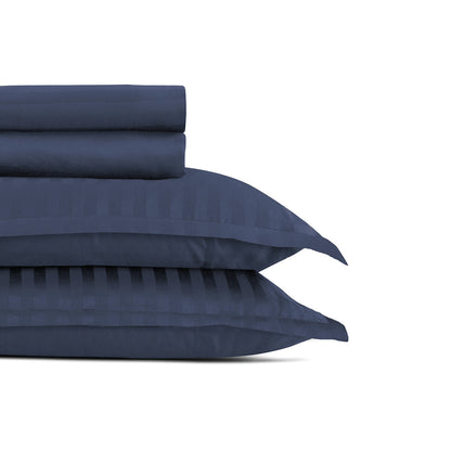 Sheet set cotton satin dobby stripe woven -  Dark blue