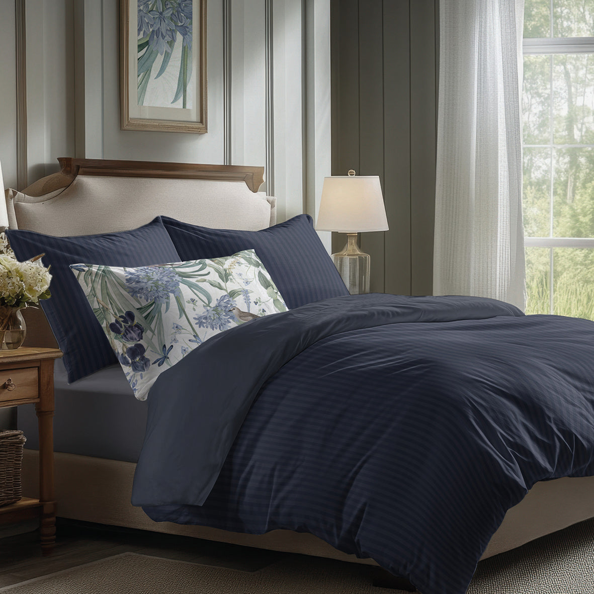 Sheet set cotton satin dobby stripe woven -  Dark blue