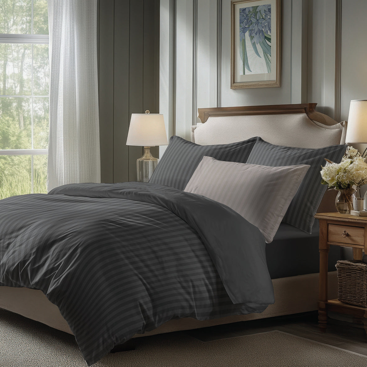 Duvet cover + pillowcase cotton satin dobby stripe woven -  Dark grey