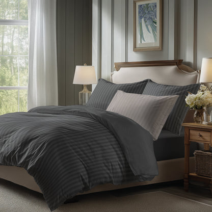 Duvet cover + pillowcase cotton satin dobby stripe woven -  Dark grey