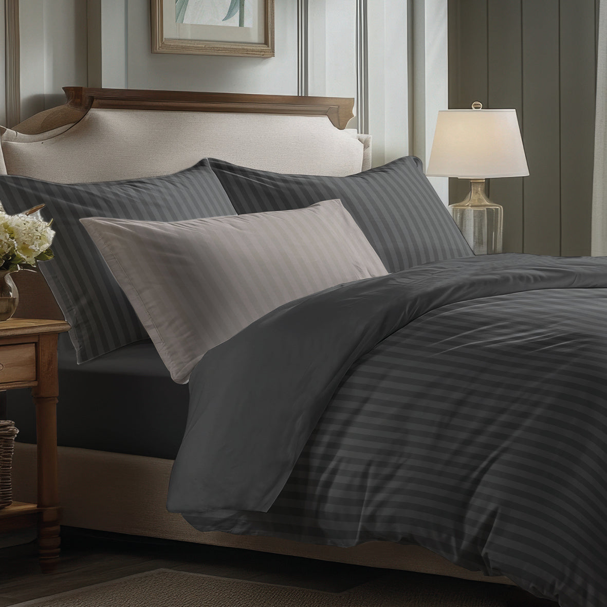 Duvet cover + pillowcase cotton satin dobby stripe woven -  Dark grey
