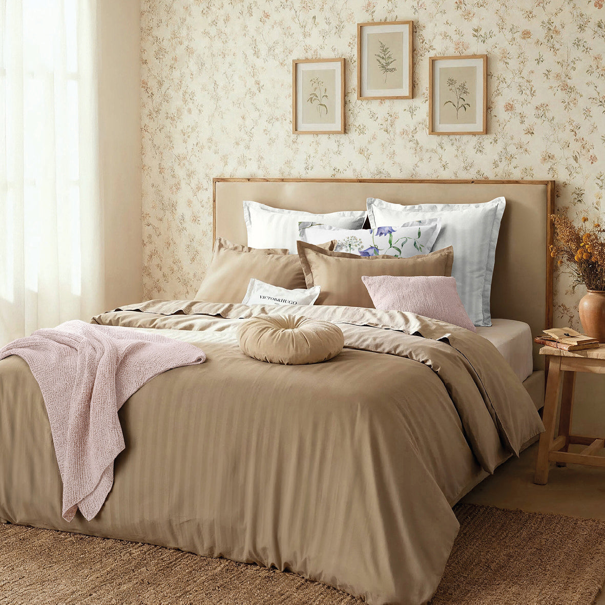 Duvet cover + pillowcase(s) cotton satin dobby stripe woven Taupe