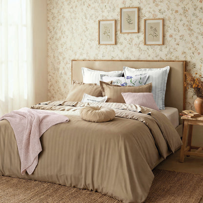 Duvet cover + pillowcase(s) cotton satin dobby stripe woven Taupe