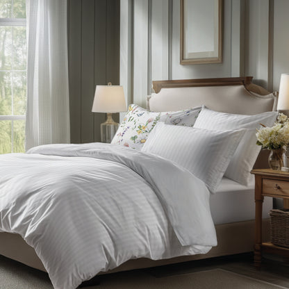 Duvet cover + pillowcase(s) cotton satin dobby stripe woven -  White