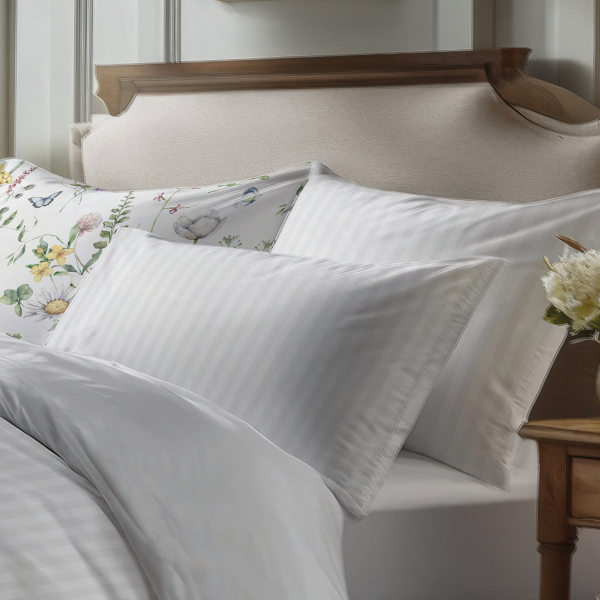 Pillowcase(s) cotton satin dobby stripe woven - White