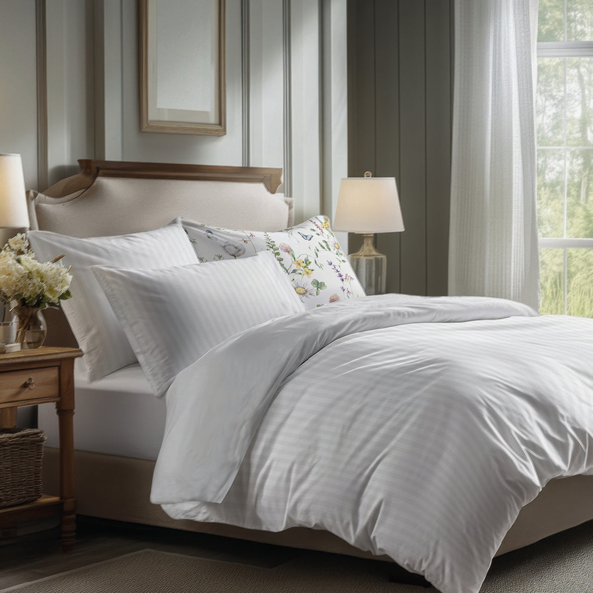 Flat sheet cotton satin dobby stripe woven -  White