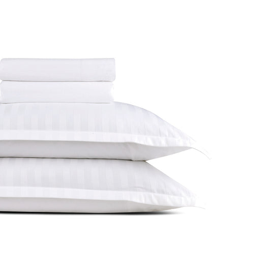 Sheet set cotton satin dobby stripe woven -  White