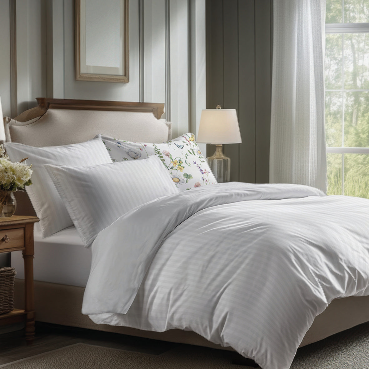 Sheet set cotton satin dobby stripe woven -  White