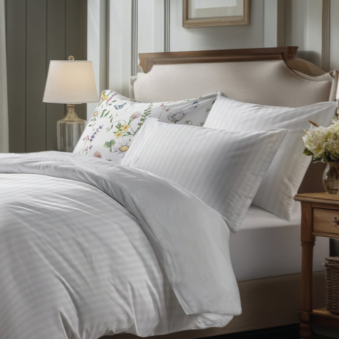 Sheet set cotton satin dobby stripe woven -  White