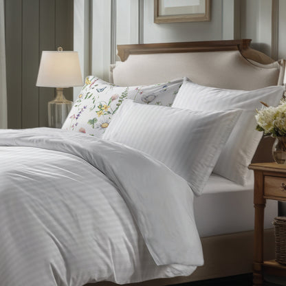 Sheet set cotton satin dobby stripe woven -  White