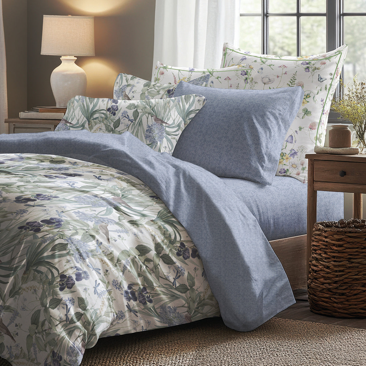 Fitted sheet cotton satin - Frêne à fleurs Blue