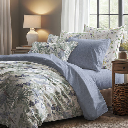 Flat sheet cotton satin - Frêne à fleurs Blue