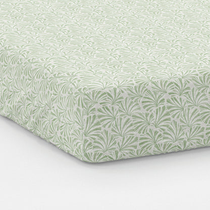 Fitted sheet cotton satin - Feuilles d'amour Green