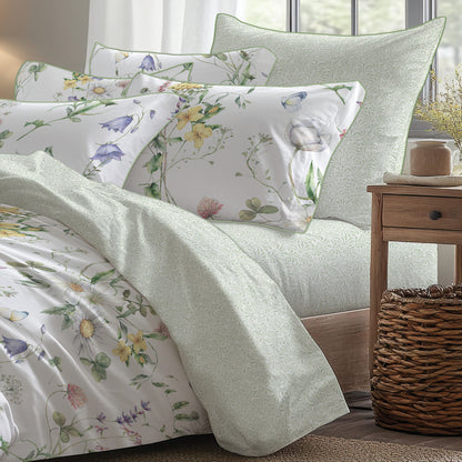 Fitted sheet cotton satin - Feuilles d'amour Green