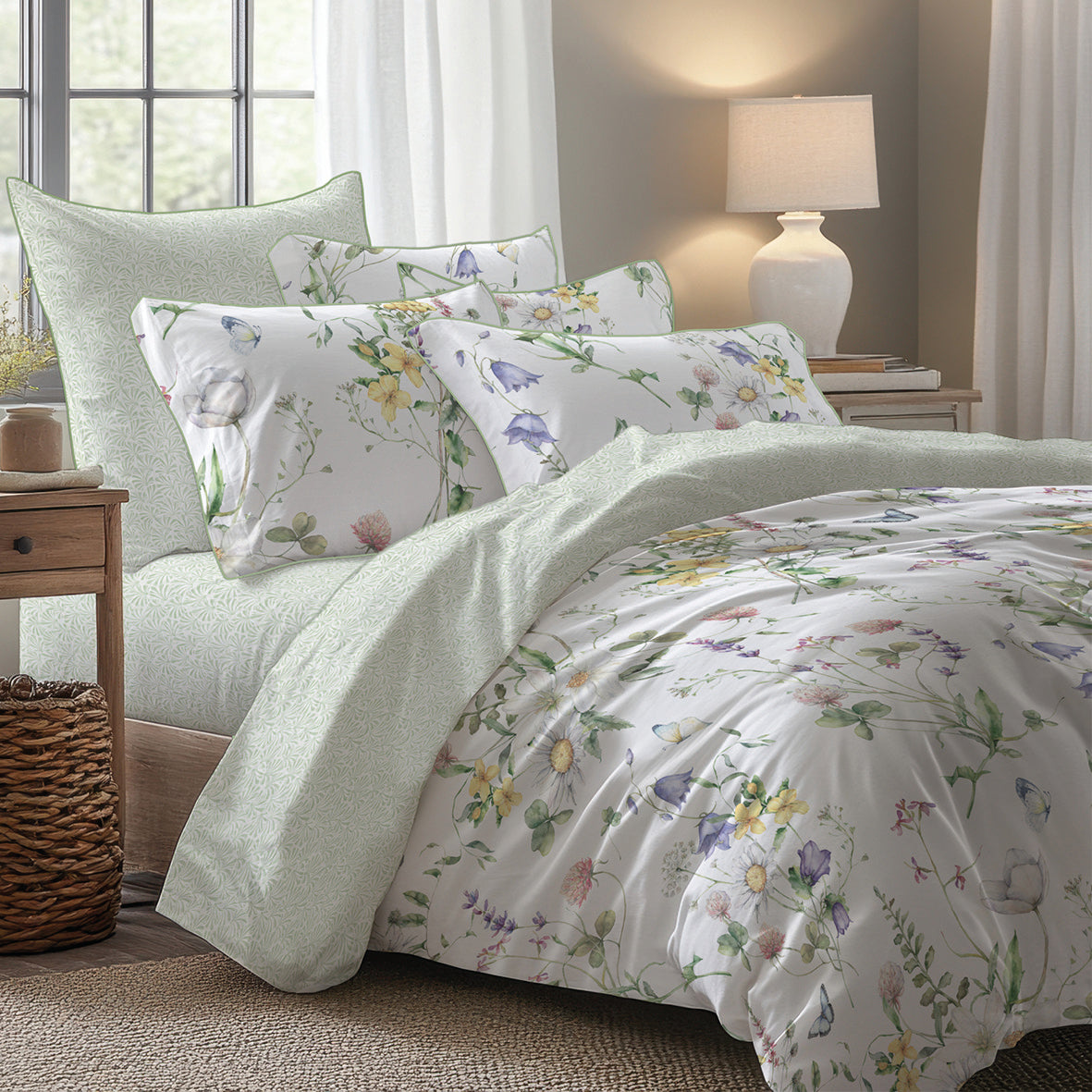 Fitted sheet cotton satin - Feuilles d'amour Green