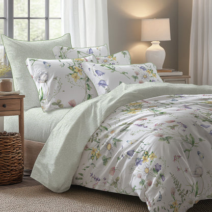 Fitted sheet cotton satin - Feuilles d'amour Green