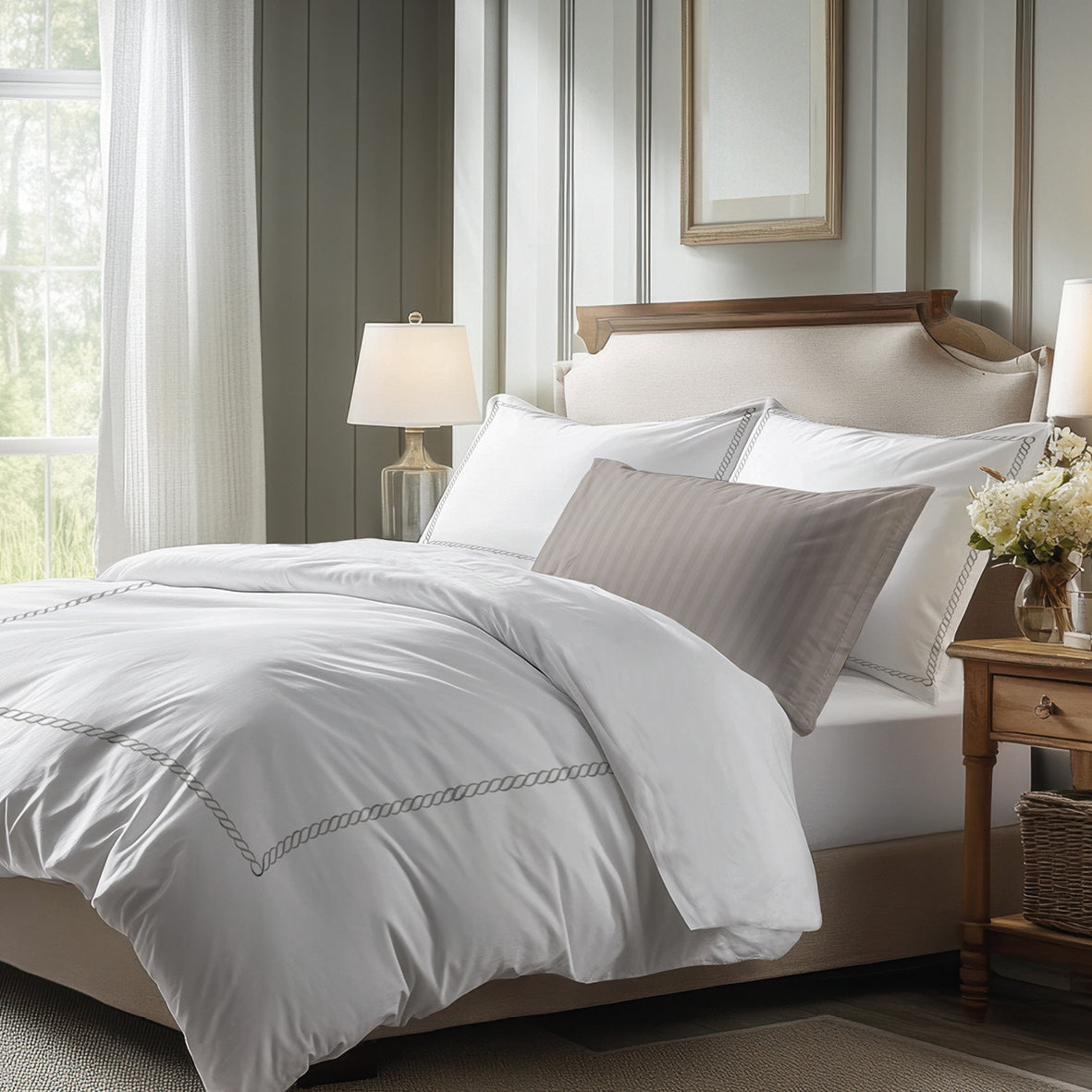 Housse de couette + taie d'oreiller satin de coton - Douceur royale Gris / Blanc