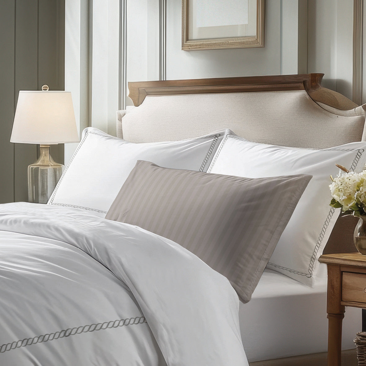 Pillowcase cotton satin - Douceur royale Grey / White