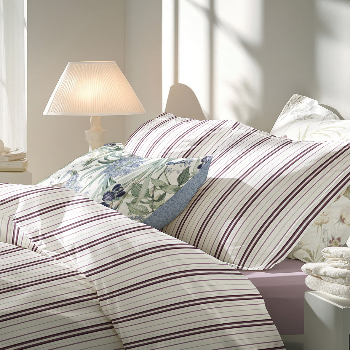 Taie d'oreiller satin de coton - Lucia Mauve / Blanc