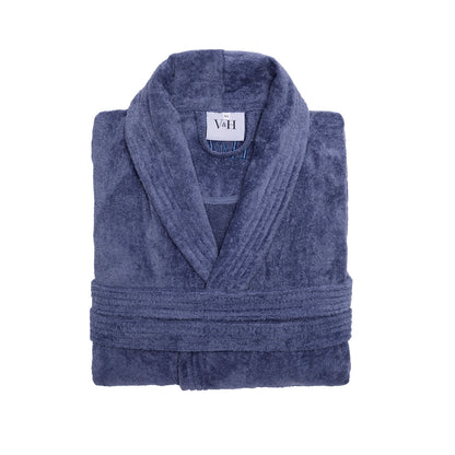 Peignoir avec col châle en coton velours - Uni Bleu gris