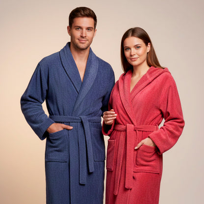 Peignoir avec col châle en coton velours - Uni Bleu gris