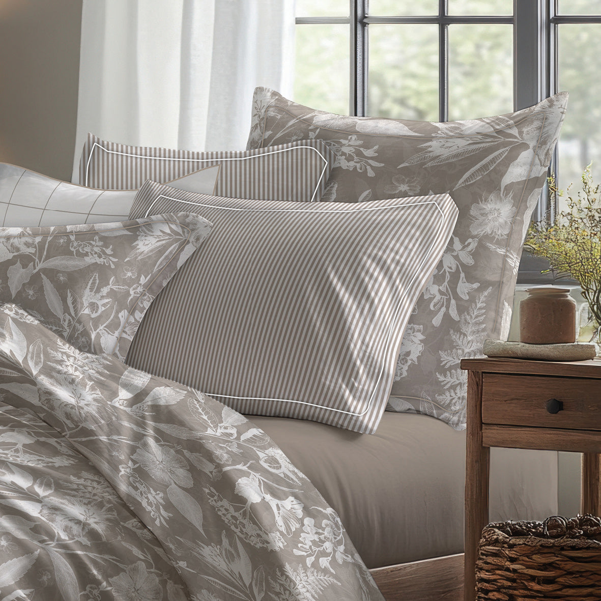 Duvet cover + pillowcase cotton satin - Toile de jouy Taupe