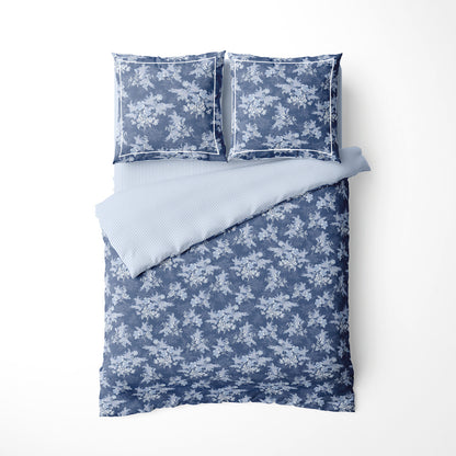 Duvet cover + pillowcase cotton satin - Azur fleuri Blue