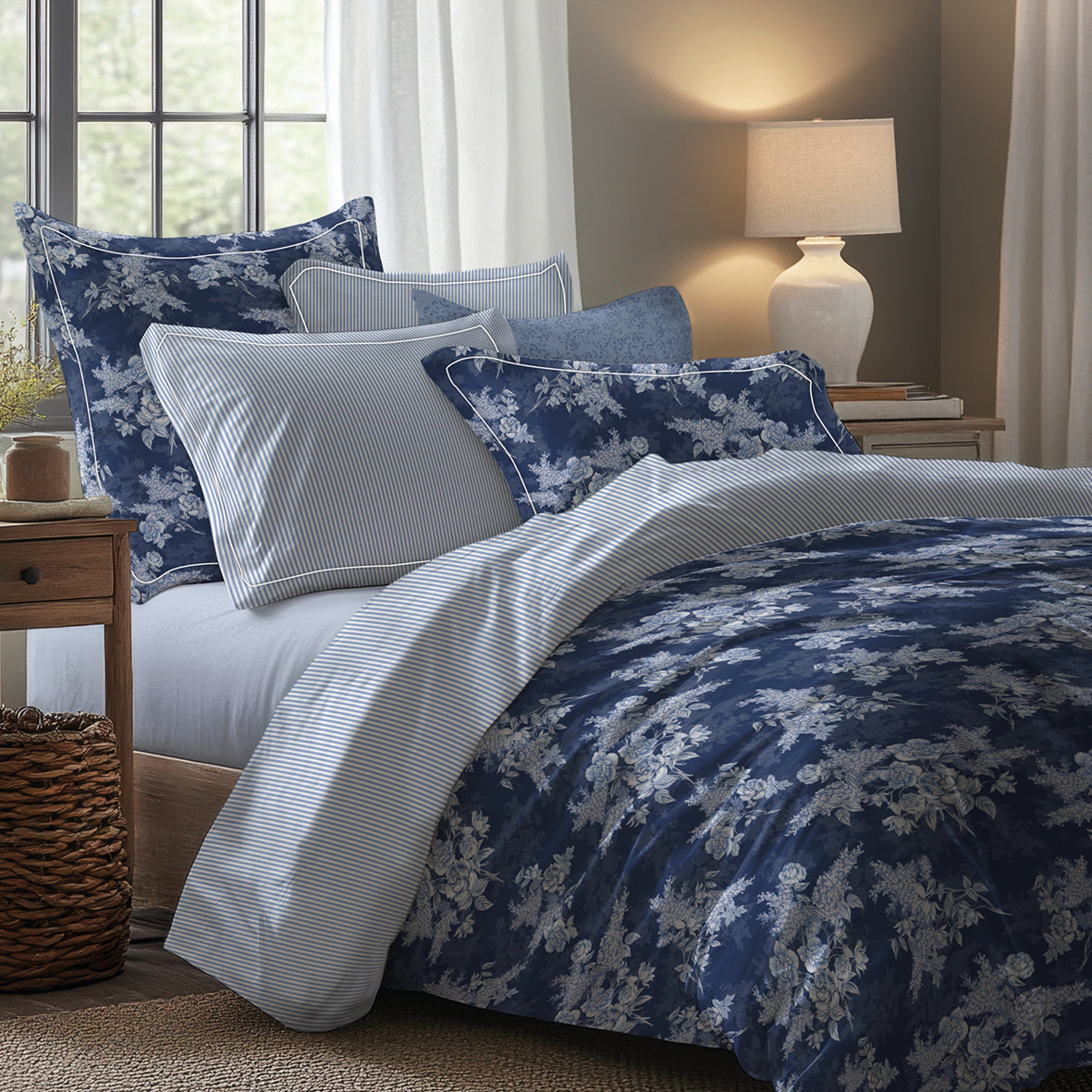 Duvet cover + pillowcase cotton satin - Azur fleuri Blue