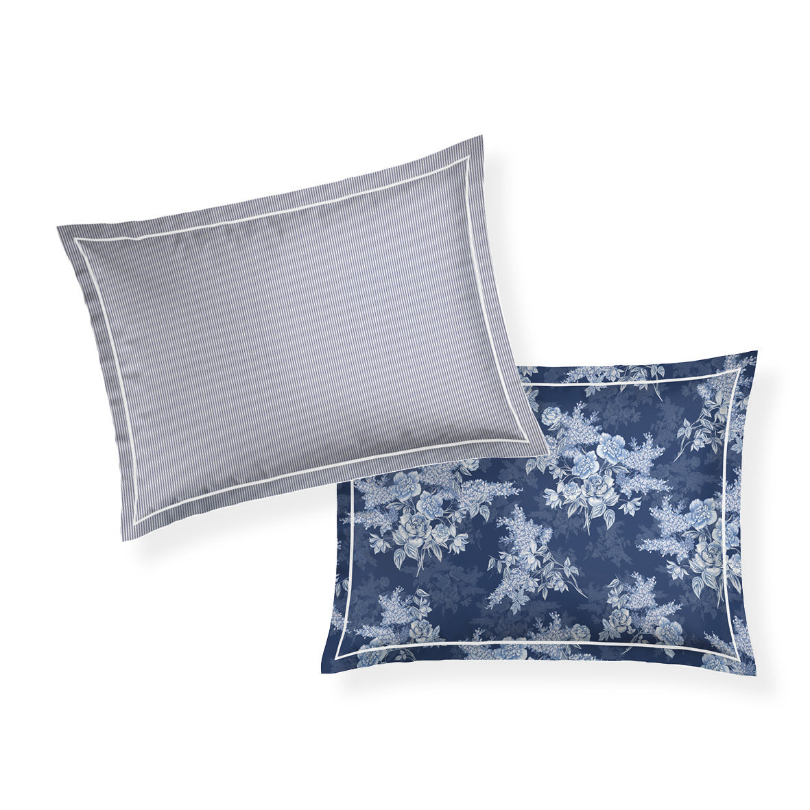 Pillowcase cotton satin - Lignes épurées White / Light blue