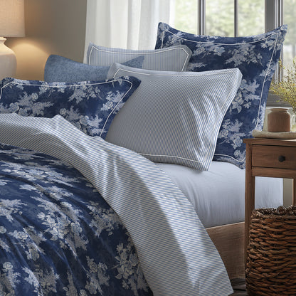 Fitted sheet cotton satin - Lignes épurées White / Light blue