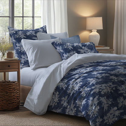 Drap plat satin de coton - Lignes épurées Blanc / Bleu clair