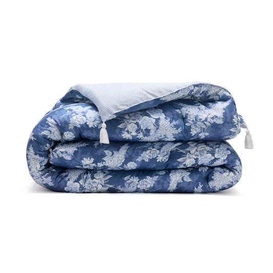Quilt with tassels cotton satin - Azur fleuri blue - 140 x 200 cm
