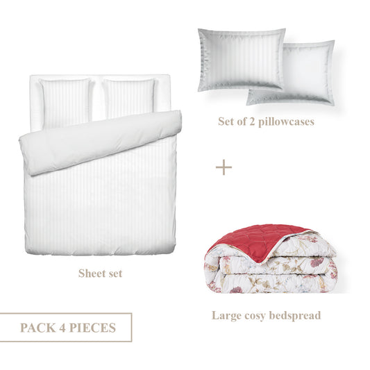 Ensemble de draps + couvre-lit de cotton satin - Dobby stripe woven / Aile mélodique Blanc