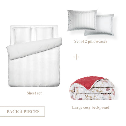 Sheet set + bedspread cotton satin - Dobby stripe woven / Aile mélodique White