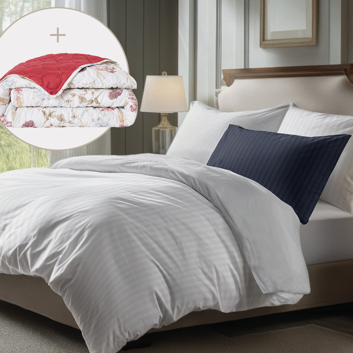 Sheet set + bedspread cotton satin - Dobby stripe woven / Aile mélodique White