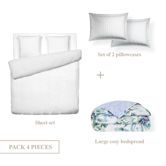 Ensemble de draps + couvre-lit de cotton satin - Dobby stripe woven / Jardin du paradis Blanc