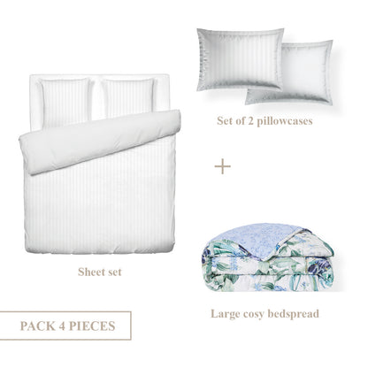 Sheet set + bedspread cotton satin - Dobby stripe woven / Jardin du paradis White