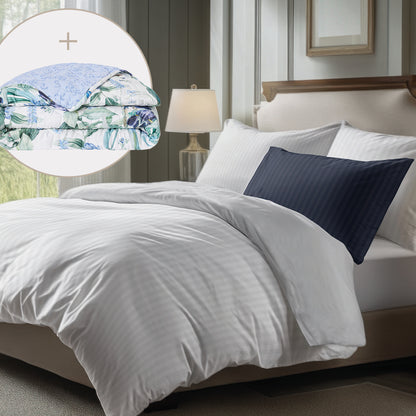 Sheet set + bedspread cotton satin - Dobby stripe woven / Jardin du paradis White