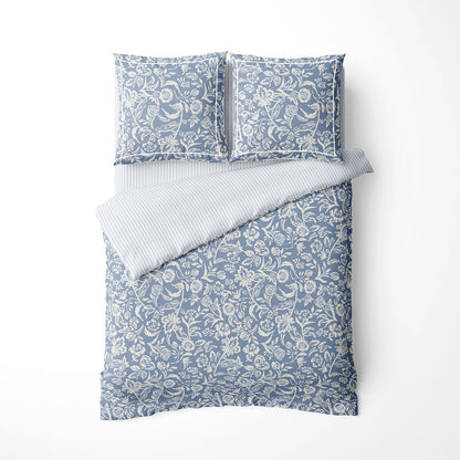 Duvet cover + pillowcase cotton satin - Toile florale Blue