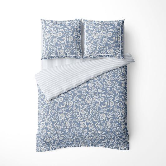 Duvet cover + pillowcase cotton satin - Toile florale Blue