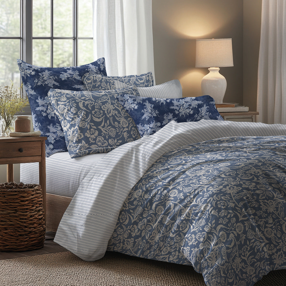 Duvet cover + pillowcase cotton satin - Toile florale Blue