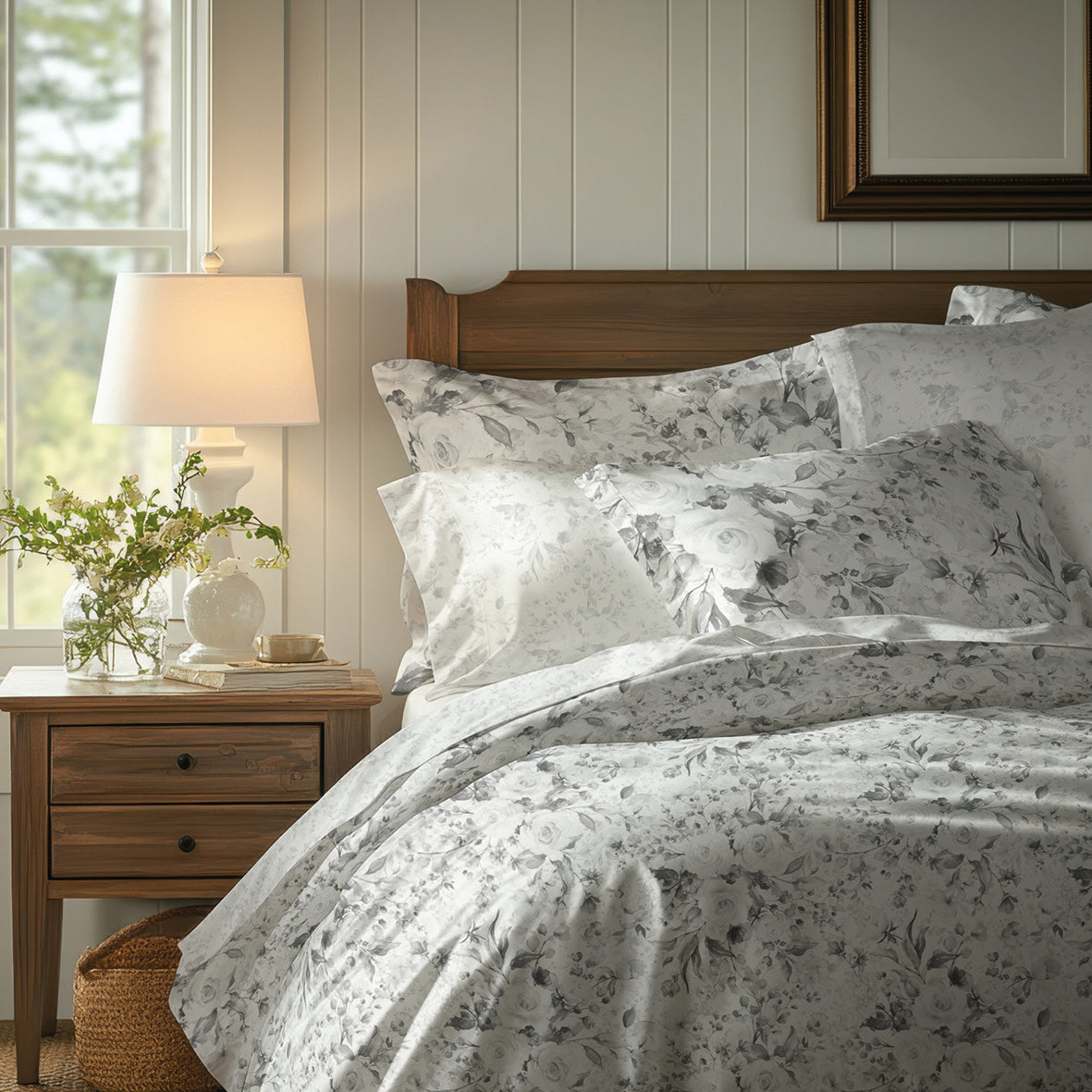 Duvet cover + pillowcase cotton satin - Jardin d’encre Black / White